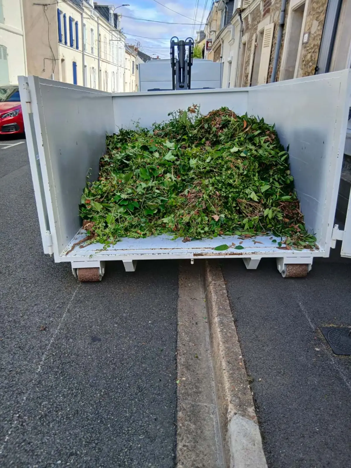 Benne ouverte chargée de déchets verts et de branchages