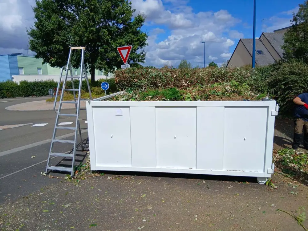 Benne à déchets verts remplie de branchages après un élagage