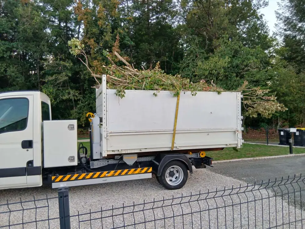 Porteur compact chargé de branchages pour un accès résidentiel